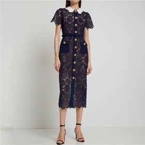 Self-Portrait Navy Lace Midi Dress with White Collar and Gold Buttons